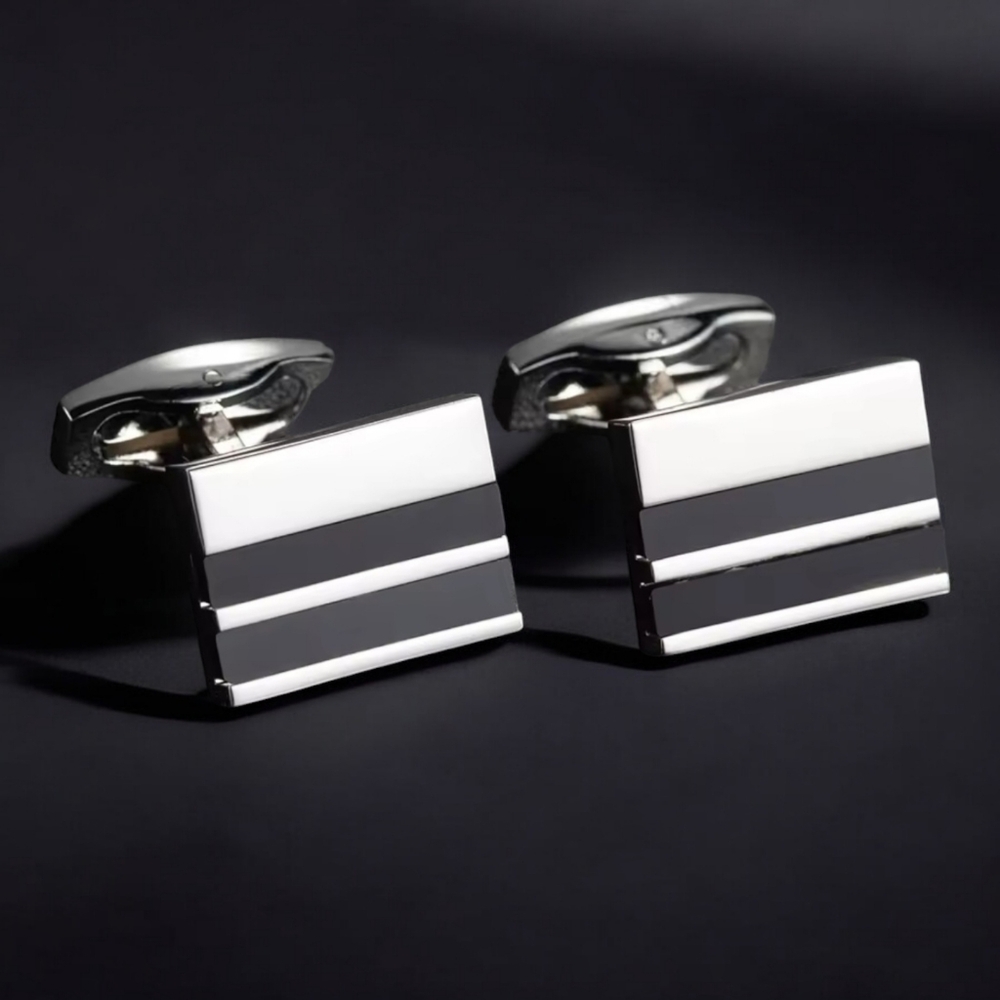 Elegant rectangular black & silver CUFFLINKS, modern and sophisticated style.